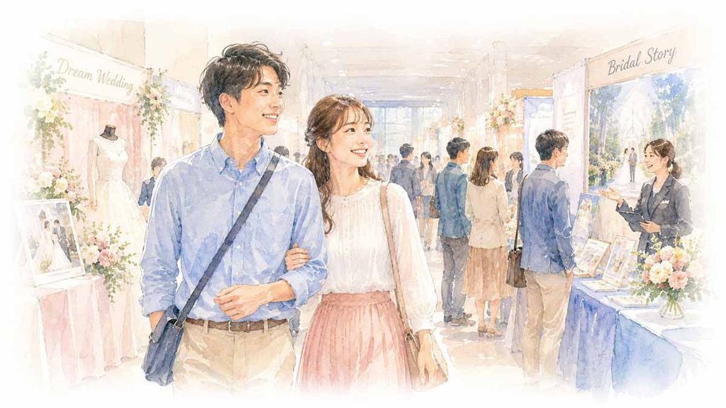 フェア会場を歩くカップルのイラスト