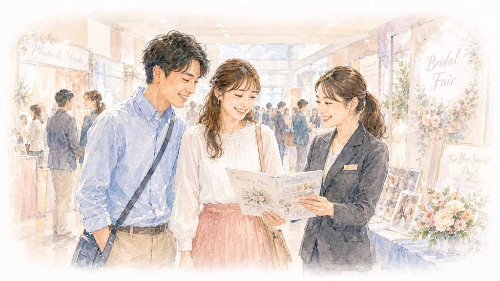 アイテムの説明を受けるカップル野イラスト