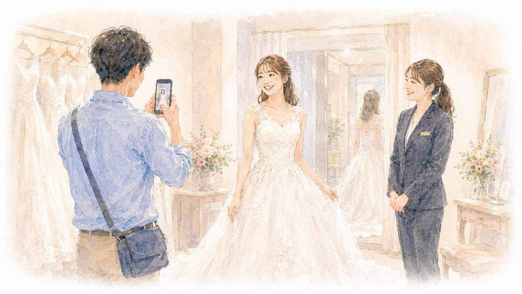 ドレスを試着する女性とスマホで撮影する男性のイラスト