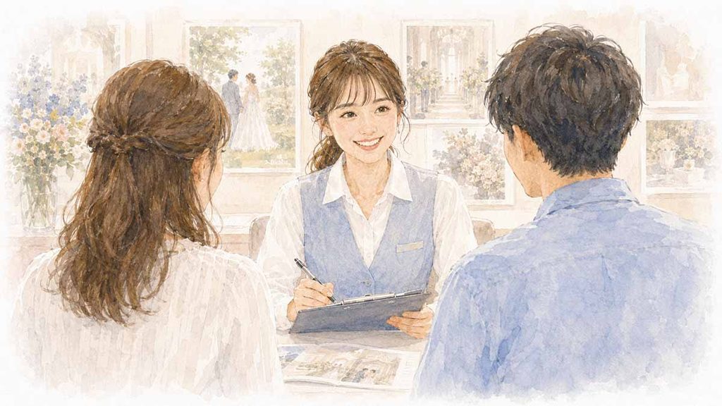 式場相談をするカップルのイラスト