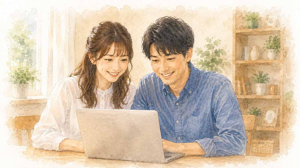 パソコンい向かうカップルのイラスト